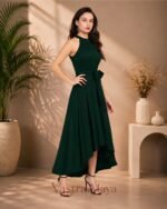 Women's Green Polyester Solid Halter Neck Sleeveless Up-Down Dress - Image 2