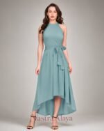 Women's Pista Polyester Solid Halter Neck Sleeveless Up-Down Dress - Image 2