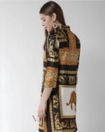 Women's White & Orange Satin Animal Print 3/4 Sleeve Above Knee Dress - Image 2