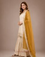 Premium Silk Embroidered Cream & Yellow Kurti with Sharara Pant & Dupatta Set - Image 2