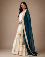 Premium Silk Embroidered Cream & Teal Kurti with Sharara Pant & Dupatta Set - Image 2