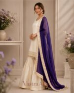 Premium Silk Embroidered Cream & Purple Kurti with Sharara Pant & Dupatta Set - Image 2