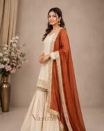 Premium Silk Embroidered Cream & Orange Kurti with Sharara Pant & Dupatta Set - Image 2