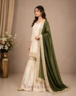 Premium Silk Embroidered Cream & Green Kurti with Sharara Pant & Dupatta Set - Image 2