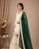 Premium Silk Embroidered Cream & Bottle Green Kurti with Sharara Pant & Dupatta Set - Image 2