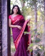 Premium Dark Purple Lichi Silk Saree with All-Over Jacquard Work - Image 2