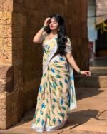 Premium Exclusive Cream Linen Cotton Saree with Digital Print - Image 2