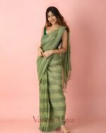 Premium Green Linen Cotton Saree with Simple Digital Print & Tassels - Image 2
