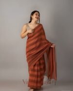 Premium Rust Orange Linen Cotton Saree with Digital Print & Tassels - Image 2