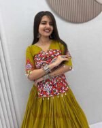 Navratri Special Olive Green Pure Cotton Kediyu Lehenga with Gamthi & Mirror Work - Image 3
