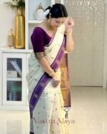 Premium Cream & Purple Lichi Silk Saree with Jacquard Weaving - Image 3