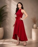 Women's Red Solid Halter Neck Sleeveless Dress - Image 3