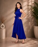 Women's Royal Blue Polyester Solid Halter Neck Sleeveless Up-Down Dress - Image 3