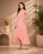 Women's Peach Polyester Solid Halter Neck Sleeveless Up-Down Dress - Image 3