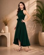 Women's Green Polyester Solid Halter Neck Sleeveless Up-Down Dress - Image 3