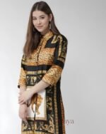 Women's White & Orange Satin Animal Print 3/4 Sleeve Above Knee Dress - Image 3