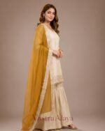 Premium Silk Embroidered Cream & Yellow Kurti with Sharara Pant & Dupatta Set - Image 3