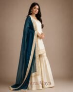 Premium Silk Embroidered Cream & Teal Kurti with Sharara Pant & Dupatta Set - Image 3