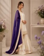 Premium Silk Embroidered Cream & Purple Kurti with Sharara Pant & Dupatta Set - Image 3