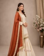 Premium Silk Embroidered Cream & Orange Kurti with Sharara Pant & Dupatta Set - Image 3