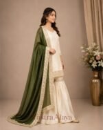 Premium Silk Embroidered Cream & Green Kurti with Sharara Pant & Dupatta Set - Image 3