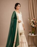 Premium Silk Embroidered Cream & Bottle Green Kurti with Sharara Pant & Dupatta Set - Image 3