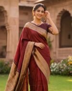 Premium Maroon Lichi Silk Saree with All-Over Jacquard Weaving - Image 3