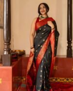 Premium Black Lichi Silk Saree with All-Over Jacquard Weaving - Image 3