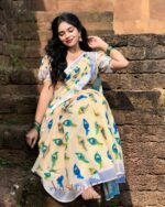 Premium Exclusive Cream Linen Cotton Saree with Digital Print - Image 3
