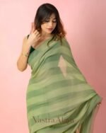 Premium Green Linen Cotton Saree with Simple Digital Print & Tassels - Image 3