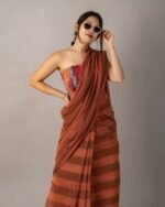 Premium Rust Orange Linen Cotton Saree with Digital Print & Tassels - Image 3