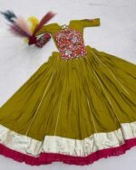 Navratri Special Olive Green Pure Cotton Kediyu Lehenga with Gamthi & Mirror Work - Image 4