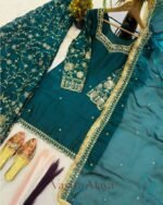 Premium Teal Green Frendy Silk 3-Piece Dress with Sequin & Zari Embroidery - Image 4