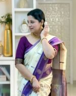 Premium Cream & Purple Lichi Silk Saree with Jacquard Weaving - Image 4