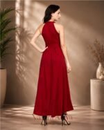 Women's Red Solid Halter Neck Sleeveless Dress - Image 4