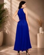 Women's Royal Blue Polyester Solid Halter Neck Sleeveless Up-Down Dress - Image 4