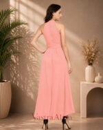 Women's Peach Polyester Solid Halter Neck Sleeveless Up-Down Dress - Image 4