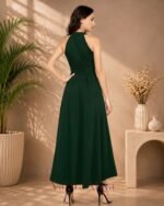 Women's Green Polyester Solid Halter Neck Sleeveless Up-Down Dress - Image 4