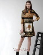 Women's White & Orange Satin Animal Print 3/4 Sleeve Above Knee Dress - Image 4