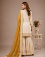 Premium Silk Embroidered Cream & Yellow Kurti with Sharara Pant & Dupatta Set - Image 4