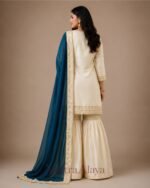 Premium Silk Embroidered Cream & Teal Kurti with Sharara Pant & Dupatta Set - Image 4