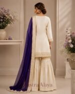 Premium Silk Embroidered Cream & Purple Kurti with Sharara Pant & Dupatta Set - Image 4