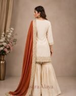 Premium Silk Embroidered Cream & Orange Kurti with Sharara Pant & Dupatta Set - Image 4