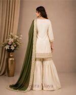 Premium Silk Embroidered Cream & Green Kurti with Sharara Pant & Dupatta Set - Image 4
