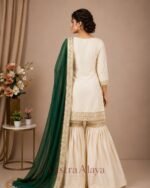 Premium Silk Embroidered Cream & Bottle Green Kurti with Sharara Pant & Dupatta Set - Image 4