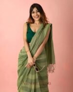 Premium Green Linen Cotton Saree with Simple Digital Print & Tassels - Image 4