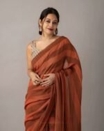 Premium Rust Orange Linen Cotton Saree with Digital Print & Tassels - Image 4