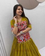Navratri Special Olive Green Pure Cotton Kediyu Lehenga with Gamthi & Mirror Work - Image 5