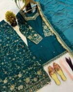 Premium Teal Green Frendy Silk 3-Piece Dress with Sequin & Zari Embroidery - Image 5