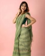 Premium Green Linen Cotton Saree with Simple Digital Print & Tassels - Image 5